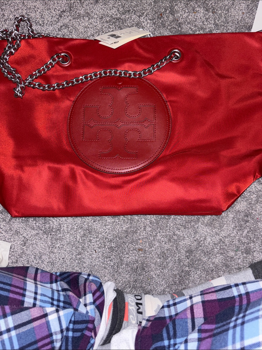 Tory Burch Red Satin Tote With Embossed Logo And Silver Chain